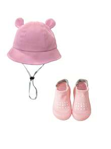 2Pcs Baby Bucket Hat & Silicone Anti-Slip Socks Set - 6-36M Unisex Cute Ears Drawstring Windproof Sun Protection Black Pink - Multicolor - View 23