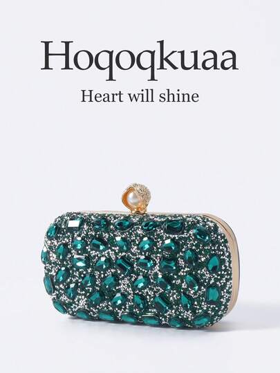 1pc Emerald Green Glitter Luxury Rhinestone Decor Clutch Bag, Elegant High-End Fashion Jeweled Box-Shaped Evening Bag, Suitable For Formal Events, Weddings, Cocktail Parties, Carnivals, Etc.