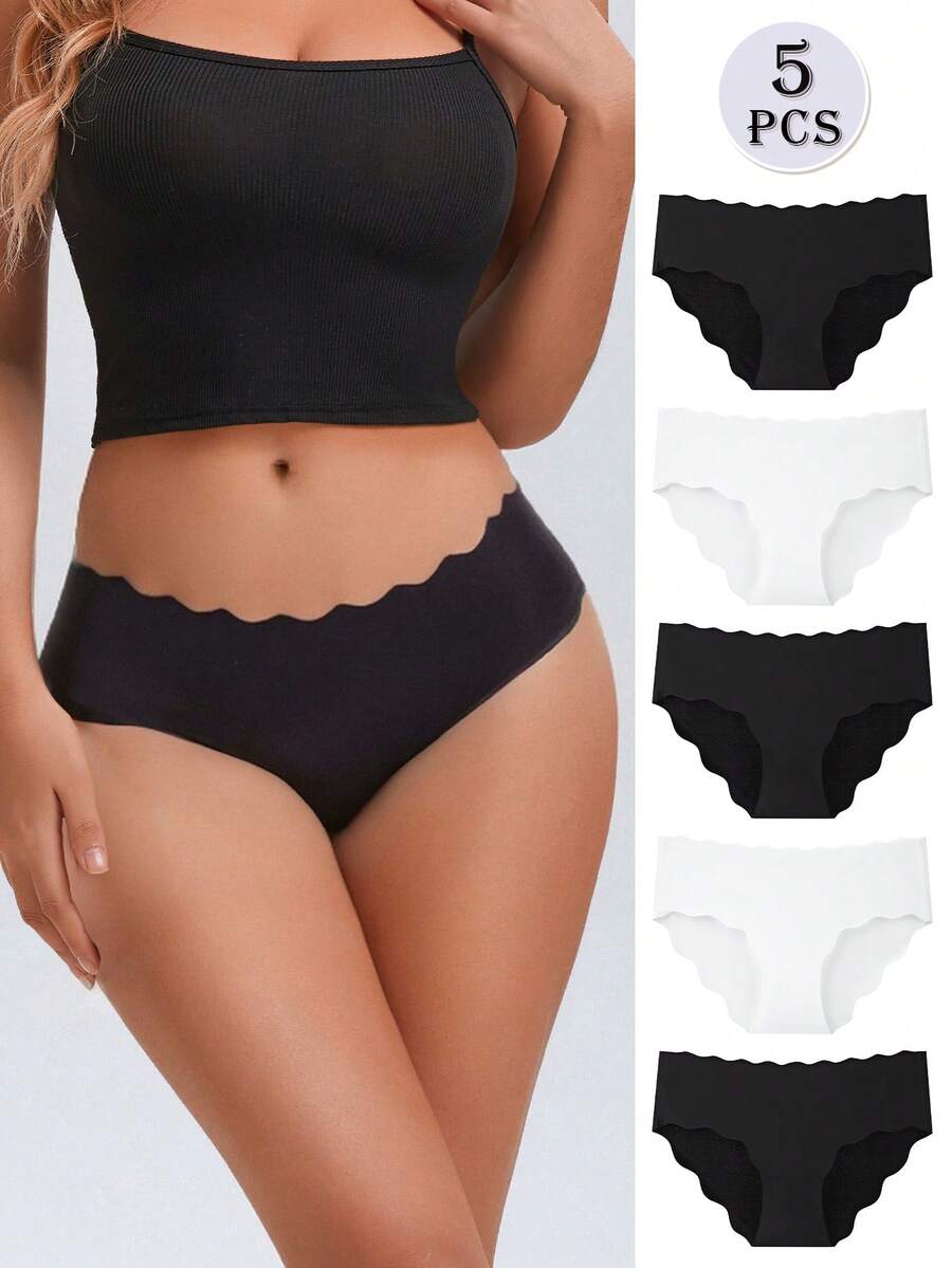 Set de 5 piezas de ropa interior sin costuras para mujeres, cómoda y transpirable, con borde ondulado de seda en color negro y blanco - Blanco y Negro - Ver 1