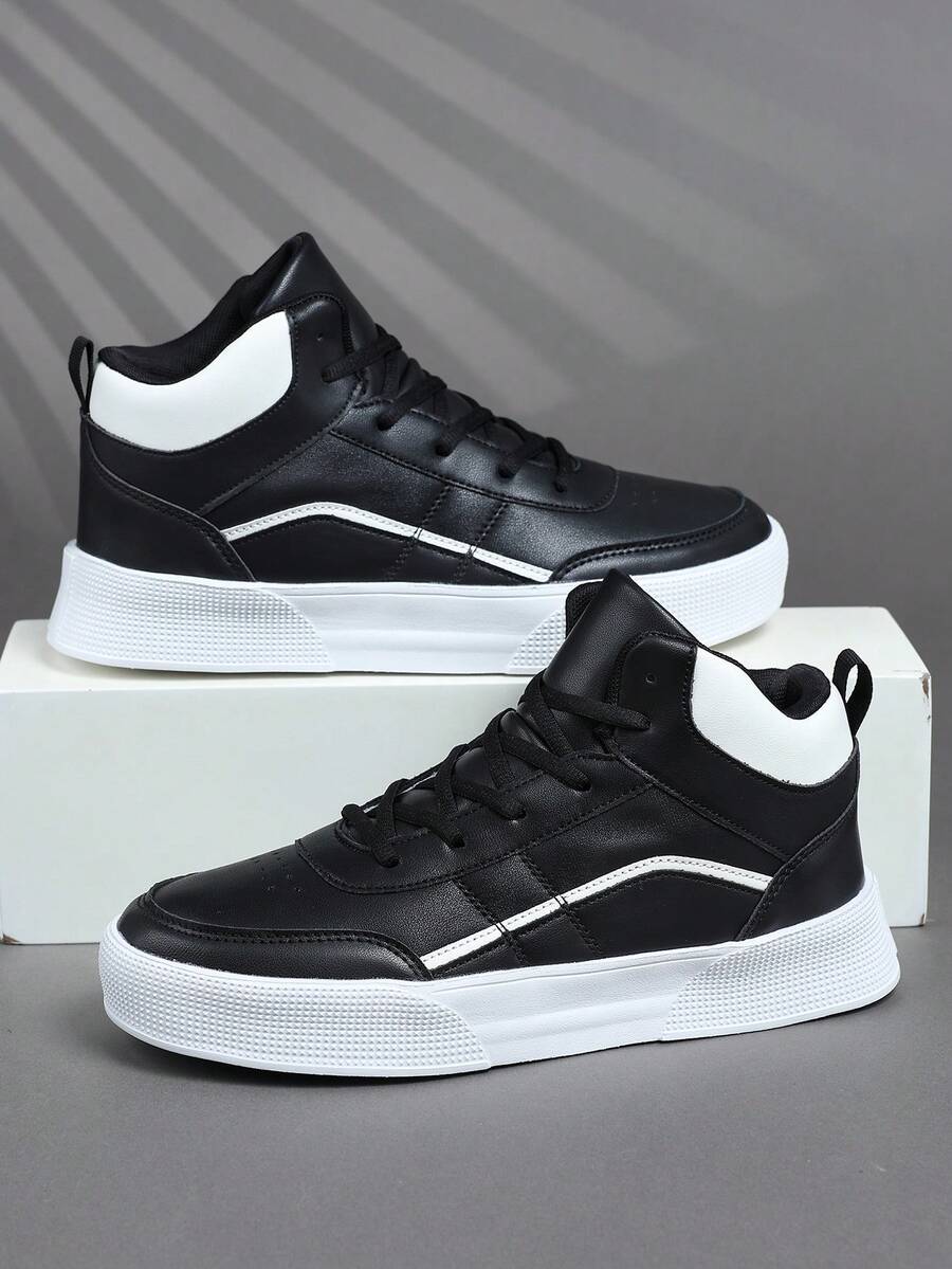 2026新款男士休闲鞋，复古经典军绿色运动鞋，真皮系带休闲鞋，厚底增高，柔软舒适透气轻便鞋底，适合日常通勤，高帮男士运动鞋，男士休闲鞋，时尚个性街头风学生帅气鞋，系带男鞋，男士滑板鞋 - 黑色 - 查看 1