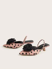 Zapatos de tacón alto de mujer con acabado de satén, diseño minimalista de unicolor y punta afilada, de estilo elegante y versátil para fiestas, con decoración floral y cómodos - Rosa de lunares - Ver 2