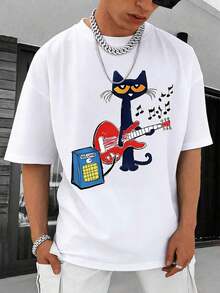 Dynamic Music Guitar Kitten Print-Shirt – 220g, Cotton Short Sleeve Round Neck Top, Fashionable Casual Premium Men's-Shirt – High-Quality Cartoon Print Design, Soft And Breathable, Loose Fit, Music Lovers And Kitten Enthusiasts NXHV - 白色 - 查看 11