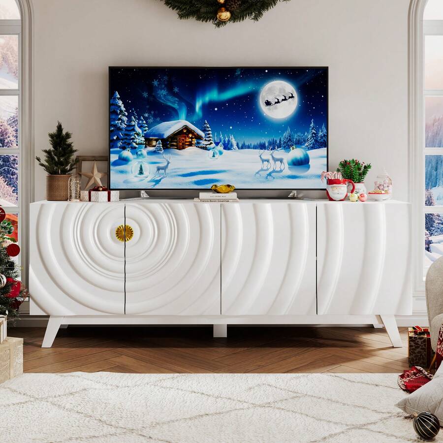 HWB TV Stand With 2 Storage Cabinet For Living Room, Large Entertainment Center With Wave-Patterned Design, Console Table With Ajustable Shelf For 55"-75" TV For Furniture Set-White - trắng - Xem 1
