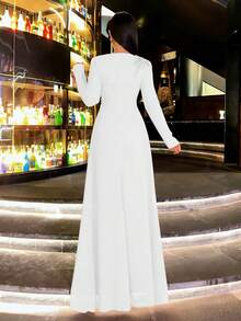 CHOSMO Vestido elegante de mujer con cuello redondo, cintura ceñida y bordado de lentejuelas para fiesta - Blanco - Ver 3
