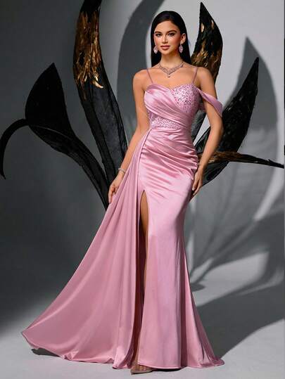 Elegant Sequin Sweetheart Neck Party Formal Dress, Women's Sleeveless Spaghetti Strap Evening Gown With High Slit, Woven Fabric With Slight Stretch, Maxi Length