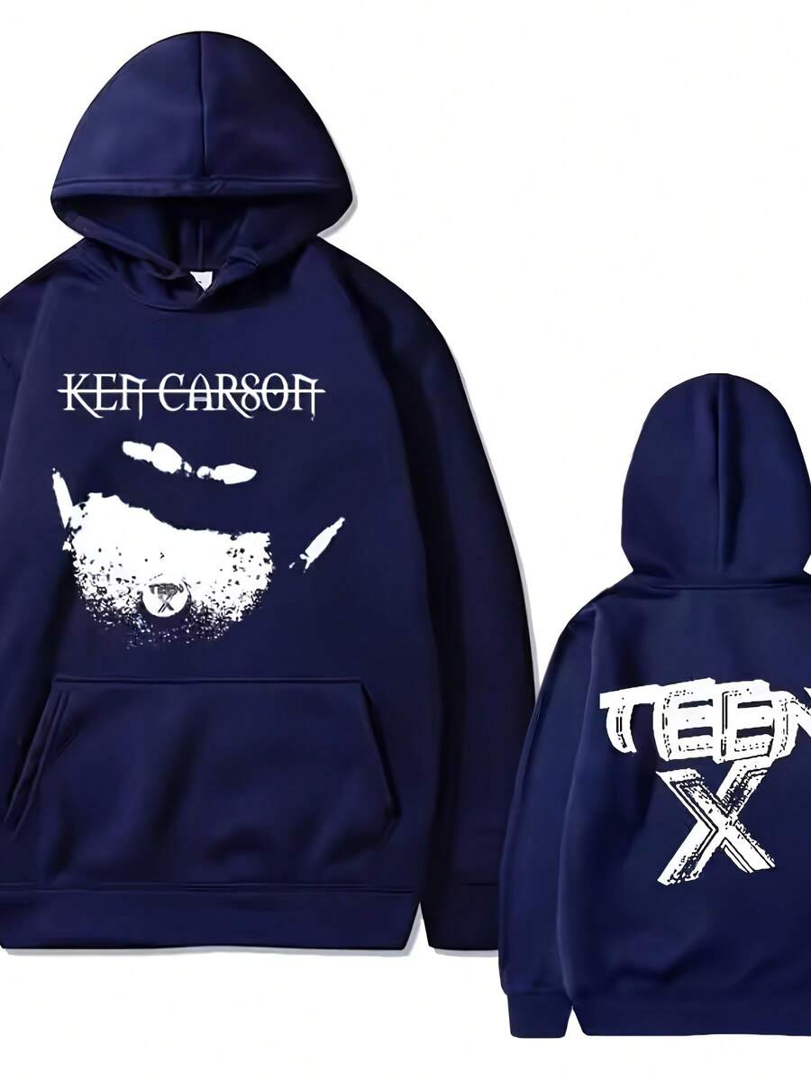 Men'S Casual Abstract Print Hoodie - "KEN CARSON" Design Black Pul With White Lettering Loose Fit Machine Washable Long Sleeve Fall/Winter Style Sweater Hoodie Sweatshirts For Women Hoodies For Men Black Hoodie For Women Men's Hoodie Sweatshirts For Men - 藏蓝色 - 查看 1
