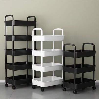 3/4/5 Tier Rolling Storage Cart With Wheels - Multipurpose Organizer, Sturdy Plastic Construction, Easy Assembly No Tools Required, Space Saving Storage Rack For Kitchen, Bathroom, Office, Bedroom - Suitable For Home, Commercial Use - White/Black Rolling Cart, Home Organization, Compact Design, Durable Structure, Mobile Storage Shelves, Office Personnel, Bookshelf (Some Colors Random)