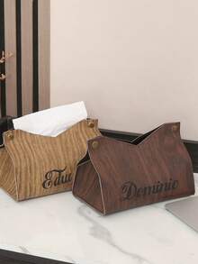 1 pieza Caja de pañuelos personalizada con logotipo grabado de cuero y grano de madera, soporte de toallas de papel de lujo para hotel/hogar/automóvil - Multicolor - Ver 4