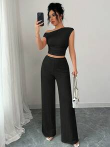 Sexy Off Shoulder Asymmetrical Neck Sleeveless Slim Fit Top And Wide Leg Pants Two Pieces Set With Knitted Textured Fabric Casual Commute Elegant Daily Vacation Beach Outfits Going Out Travel Hot Girl Style Spring And Summer New Women's Clothing - Kose - View 5
