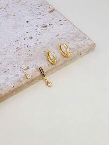 Bộ 3 khuyên tai nhỏ đính đá CZ, có thể đeo chồng lên nhau, phù hợp cho nữ, mạ vàng 14K, ít gây dị ứng, phù hợp cho phụ nữ và bé gái. - 3 đôi bông tai - Xem 2