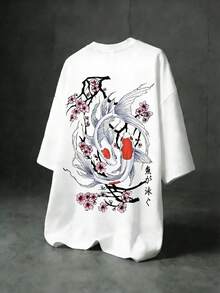 Fractyr Fractyr 男士夏季休闲T恤，锦鲤樱花印花，百搭街头风，展现您的独特时尚品味，送给男友或丈夫的完美礼物 - 白色 - 查看 4