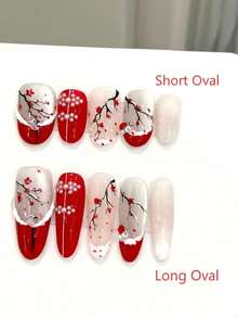 10片手工制作按压式椭圆/长形美甲贴纸，适合派对和日常佩戴；“雪中漫步梅花”水彩手绘猫眼梅花图案椭圆/长形美甲贴纸，易于粘贴；10片Y2K手工按压式美甲贴纸，适合女孩和女士在节日和日常美甲时佩戴。 - 紅色 - 查看 11