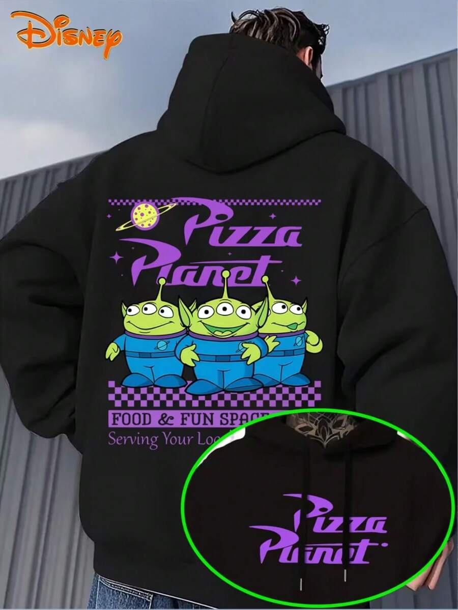 2026 Men's Hoodie-Pizza Alien Pattern Pullover, Loose Hoodie Sweater In Front Pocket, Suitable For Casual Wear, Disney's Birthday Gift, Travel Clothes, Playful Design, Comfortable Fabrics, Fan Clothes, Movie Lovers, Home Clothes, Durable Materials, Printed Sweatshirts, Men. - Black - View 1