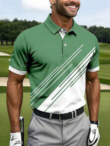 Camisa polo masculina de manga curta com listras verdes e brancas, ideal para golfe, esportes e uso casual no verão. - Verde - Ver 9