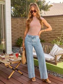 Women's Wide Leg Jeans High Waisted Straight Leg Stretchy Denim Pants With Pockets - 藍色 - 查看 3