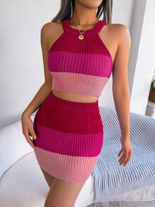 European & American Fashion Contrast Color Cropped Top And Bodycon Mini Skirt Sweater Set, Spring/Summer Pink - Pink - View 4