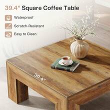 LITTLE TREE Farmhouse Square Coffee Table, 39.37-Inch Large Center Table For Living Room With Sturdy Legs, Low Profile Accent Tea Table, Easy Assembly, Rustic Style - Brown - View 5