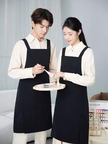 1件防水防油围裙，带大口袋，涤纶防污厨房围裙，配有可调节交叉背带，防水防溅，适用于烹饪、家庭、餐厅、手工、花园、烧烤、学校、咖啡馆，男女通用，节日礼物（黑色） - 黑色 - 查看 5