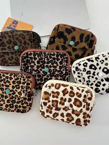 Corduroy Flip Cover Card Holder & Coin Purse, Multi-Functional Leopard Print Organizer Pouch Women's Portable Lipstick & Cosmetic Bag - Multicolor - View 3