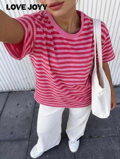 LOVE JOYY Damen Rundhals Kurzarm Loose T-Shirt, Lässig & Bequem, rosa gestreiftes Muster, geeignet für lässige Ausflüge im Frühling/Sommer, Straßen-Shopping-Stil, rosa rotes Top