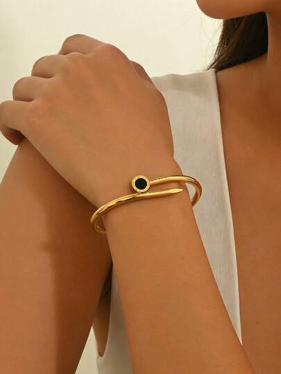 1pc Fashionable Roman Numerals Design Stainless Steel Bracelet, Nail Shaped Bracelet 18K Gold Plated, Valentine's Day Gifts,Mom,Mother,Mother's Day,Gift, Suitable For Daily Wear