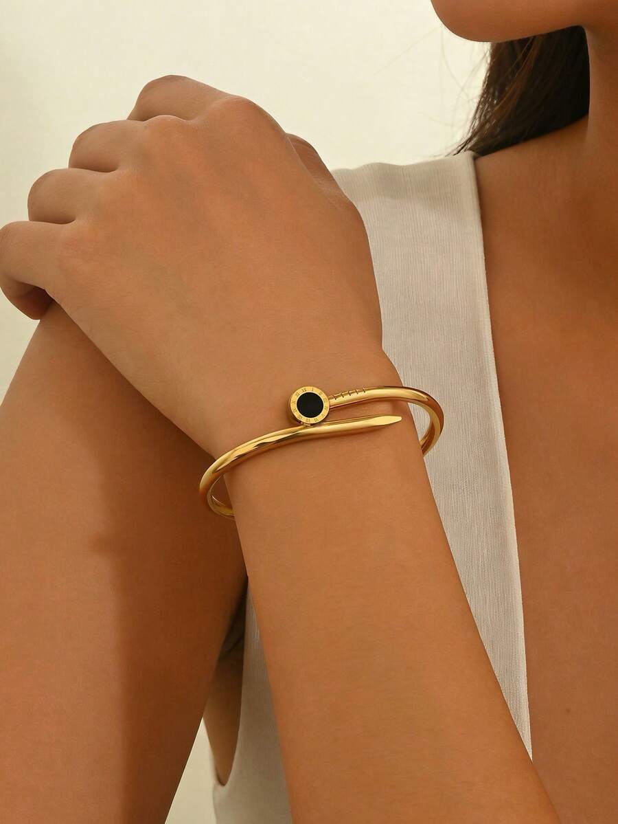 1pc Fashionable Roman Numerals Design Stainless Steel Bracelet, Nail Shaped Bracelet 18K Gold Plated, Valentine's Day Gifts,Mom,Mother,Mother's Day,Gift, Suitable For Daily Wear - Gold - View 1