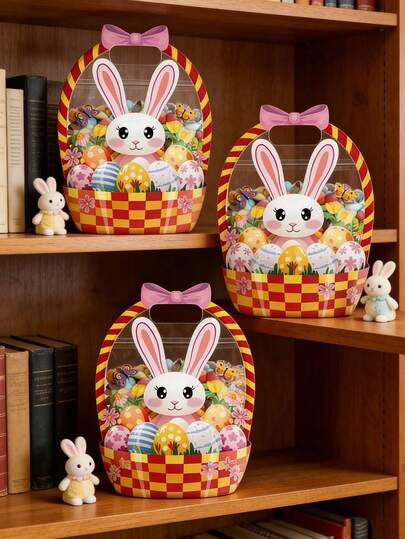 6pcs Easter Gift Bags Rabbit Transparent Bags With Handles Resealable "Happy Easter" Plastic Festive Bags For Spring Holiday Party Candy Gift Packaging Decorations (Rabbit Pattern)