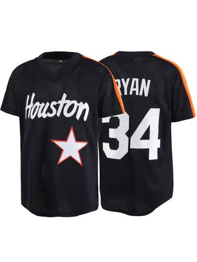 Men's 34 Blue Baseball Jersey Casual Short Sleeved Embroidered And Stitching V-Neck Button T-Shirt Party Sports Top