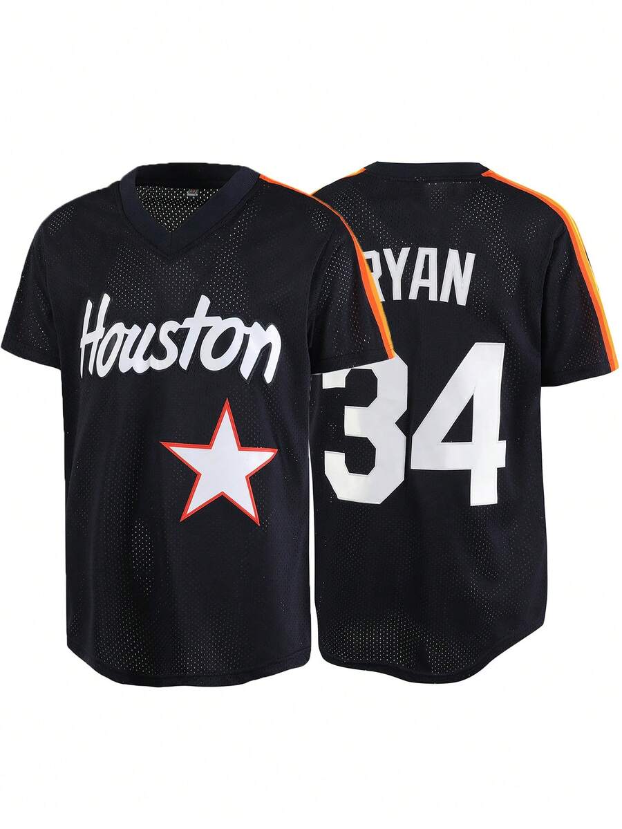 男士34码蓝色棒球衫休闲短袖刺绣拼接V领纽扣T恤派对运动上衣