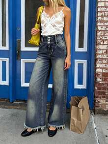 Jeans rectos de tiro bajo lavados para mujer, de corte holgado, casuales para ir al trabajo y uso diario, Día de San Valentín - Azul desgastado - Ver 2