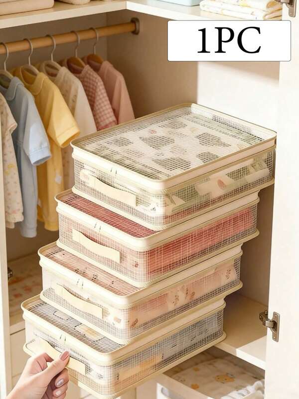 1 pieza Bolsa de almacenamiento de malla plegable con asas, bolsa de almacenamiento de gran capacidad y transpirable para armario, bolsa de almacenamiento reforzada y portátil con asas y cremalleras, adecuada para guardar mantas, ropa de cama y otros artículos. Un organizador de armario que ahorra espacio.
