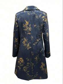 Women's Elegant Peaked Lapel Printed Long-Sleeved Mid-Length Suit Jacket Coat - Màu xanh hải quân - Xem 4