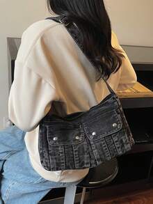 复古女士单肩包，多功能高品质腋下包，小众时尚牛仔手提包带吊坠 - 黑色 - 查看 5