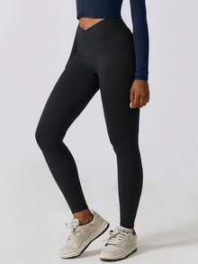 NcmRyu 1pc Women's Elastic Waist Crossover Pocket Skinny Workout Leggings - Black - View 5