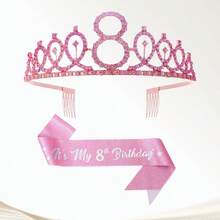2pcs Pink Crown Headpiece Set, Includes Cute Sweet Birthday Crown, Party Headband, Shoulder Strap Decor With Rhinestones