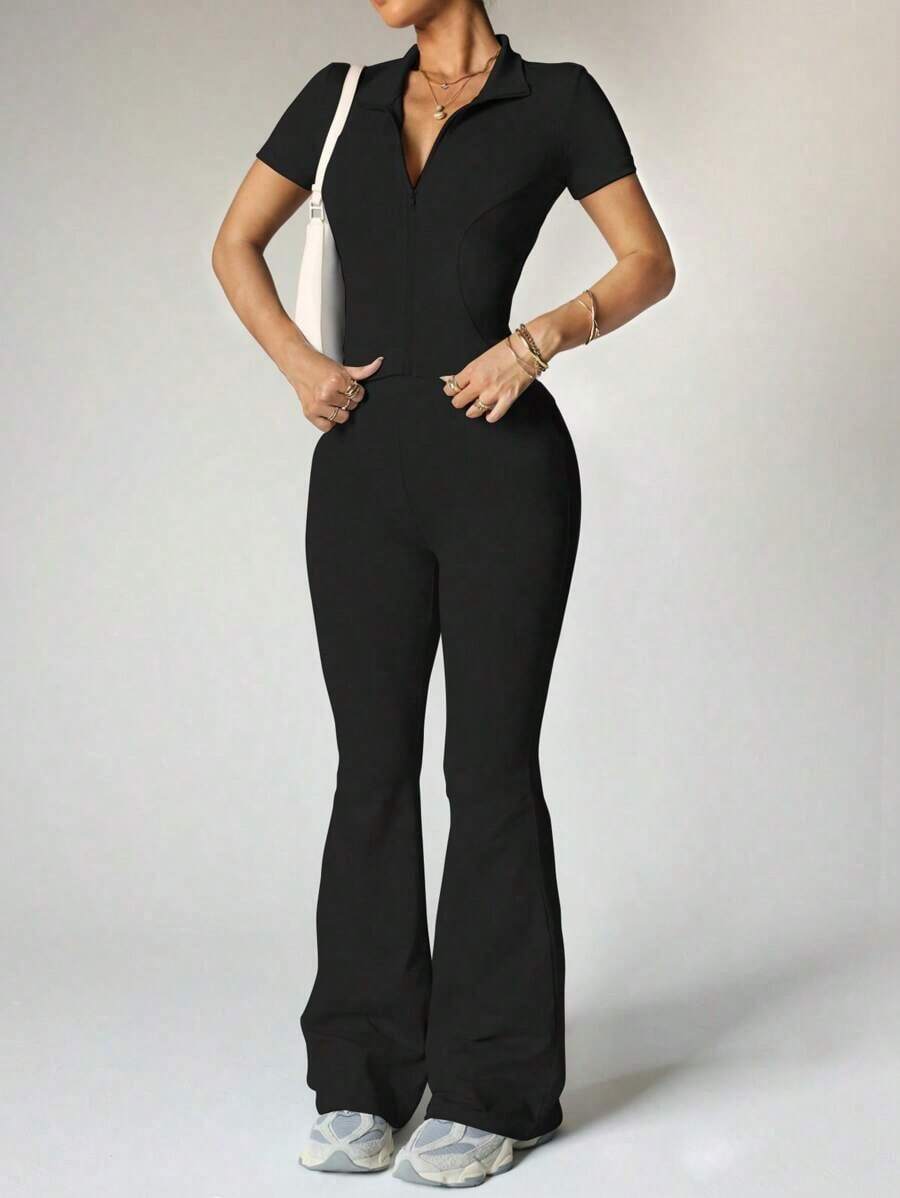 Women's Yoga Workout Set: Short Sleeve Zip-Up Jacket And High-Waisted Flare Pants - Moisture-Wicking, 4-Way Stretch, Suitable For Yoga, Pilates, Gym Workouts (Multiple Colors/Sizes Available) - 杏色 - 查看 1