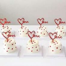 10pcs Red Heart LOVE Cake Toppers, Acrylic Heart Cake Decorations, Valentine's Day Cupcake Toppers, Cake Decorations For Birthday, Wedding, Suitable For Valentine's Day, Birthday, Mother's Day, Anniversary Party Cake Decor, Valentine's Day Party Decorations - Red - View 2