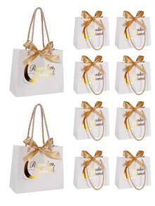 10pcs/1pc Eid Mubarak Bowknot Gift Boxes, Eid Bowknot Gift Boxes With Ribbons, Foil Stamping Craft, Suitable For Eid Festival - White [with Gold Ribbon Tote Bag] - View 1