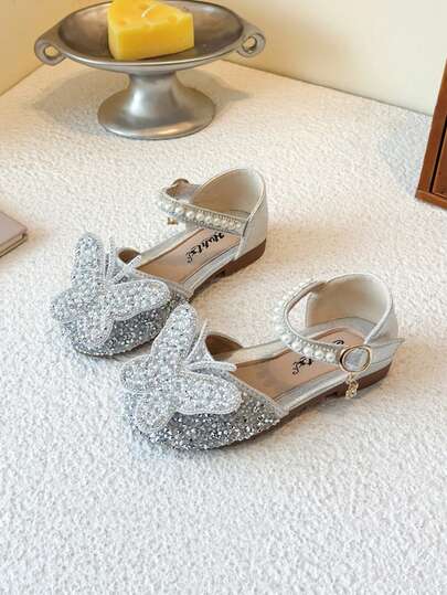 1双女童夏季凉鞋，新款水晶软底公主鞋，带蝴蝶结装饰，休闲幼儿表演鞋