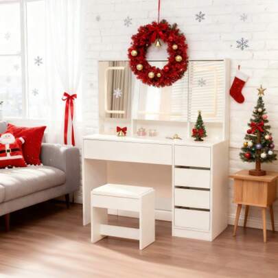 Schminktisch Frisiertisch Kosmetiktisch Mit Hocker Beleuchtung Spiegel White