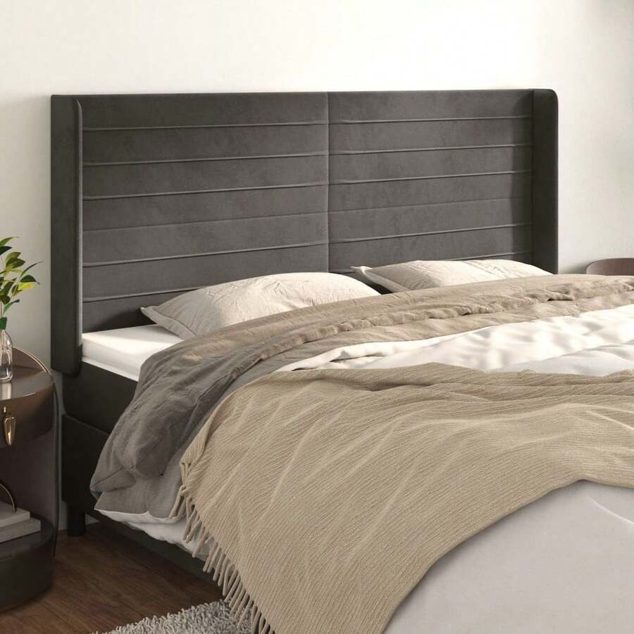 vidaXL Tête de lit con oreilles terciopelo gris foncé 163x16x118/128 cm - Gris - Ver 1