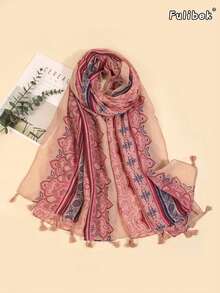 1条女士棉麻流苏印花围巾，适合海滩、度假和日常生活，为您的造型增添亮点，四季皆宜 - 彩色 - 查看 5