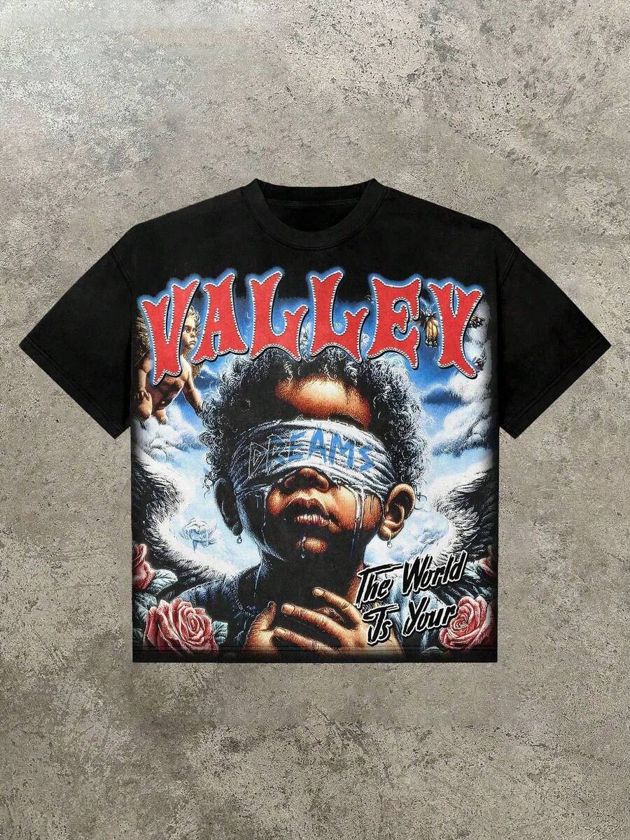 Valley The World Is Your Men's Retro 220g Cotton T-Shirt, Printing Grunge Style, Street Clothes,Christianity Clothing, Large T-Shirt,  Jesus Shirt,Graphic Y2K Shirt, T-Shirt, Christian Clothes ,Gothic Pun - 黑色 - 查看 1