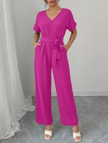 Women's Jumpsuit Casual Short Sleeve Wrap V Neck Belted Wide Leg Pants - Màu Hồng Tươi - Xem 2