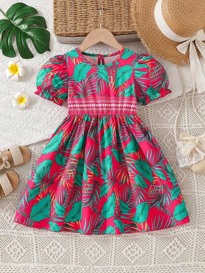 Girls Floral Print Dress With Puff Sleeves, Tropical Party Outfit Suitable For Casual Daily Wear And Festive Occasions