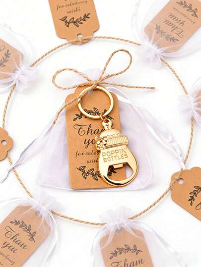 Adorable Gold Baby Bottle-Shaped Bottle Opener Keychain – Multi-Functional Party Gift Set (Includes Tulle Bag And Thank You Card) 3 PiecesSet | Practical Keychain Bottle Opener, The Perfect Fun Party Gift And Celebration Present For Your Guests.