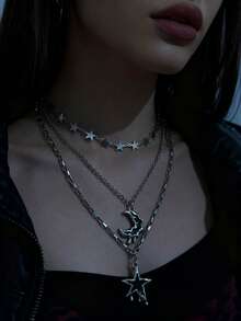 3pcs Y2K Streetwear Chic Girl Sweet Drip Oil Star Moon Silver Star Sequin Chain Necklace Set