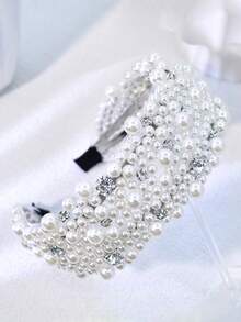 1件珍珠发箍，优雅简约设计，饰以水钻，宽边头饰，适合新娘、婚礼、节日、派对、约会、休闲、情人节等场合，女士发饰 - 白色 - 查看 9