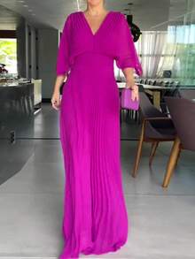 Dresses For Women,Women's Fashionable And Elegant Solid Color Pleated V-Neck Batwing Sleeve High Waist Full Skirt Long Dress - 紫色 - 查看 1