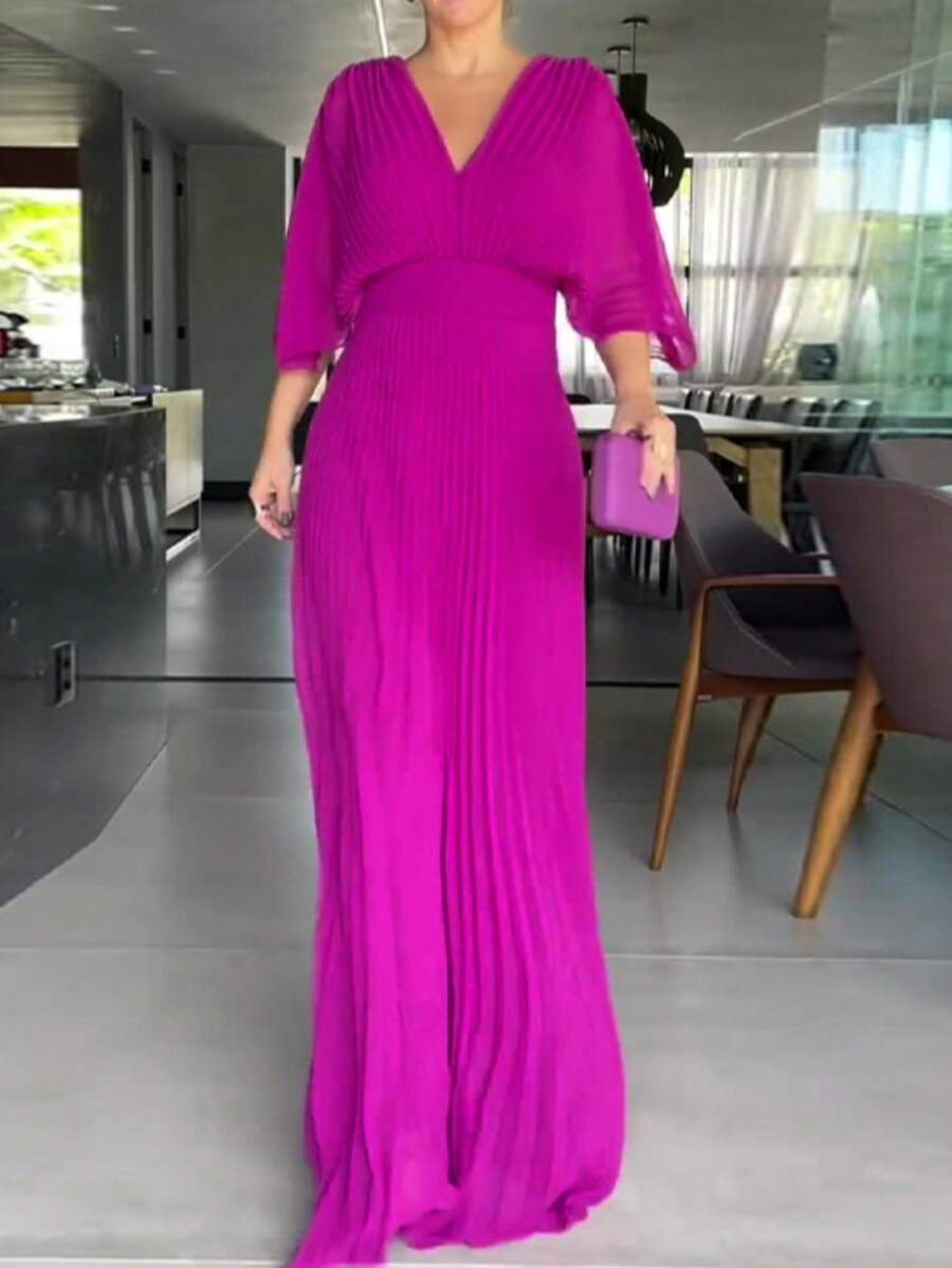 Dresses For Women,Women's Fashionable And Elegant Solid Color Pleated V-Neck Batwing Sleeve High Waist Full Skirt Long Dress - 紫色 - 查看 1